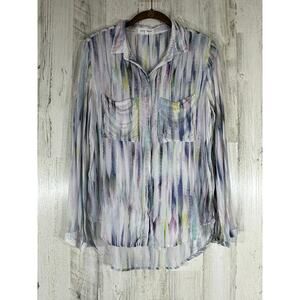 Bella Dahl‎ Button Up Blouse Top Medium High Low Hem Watercolor Print Flowy READ
